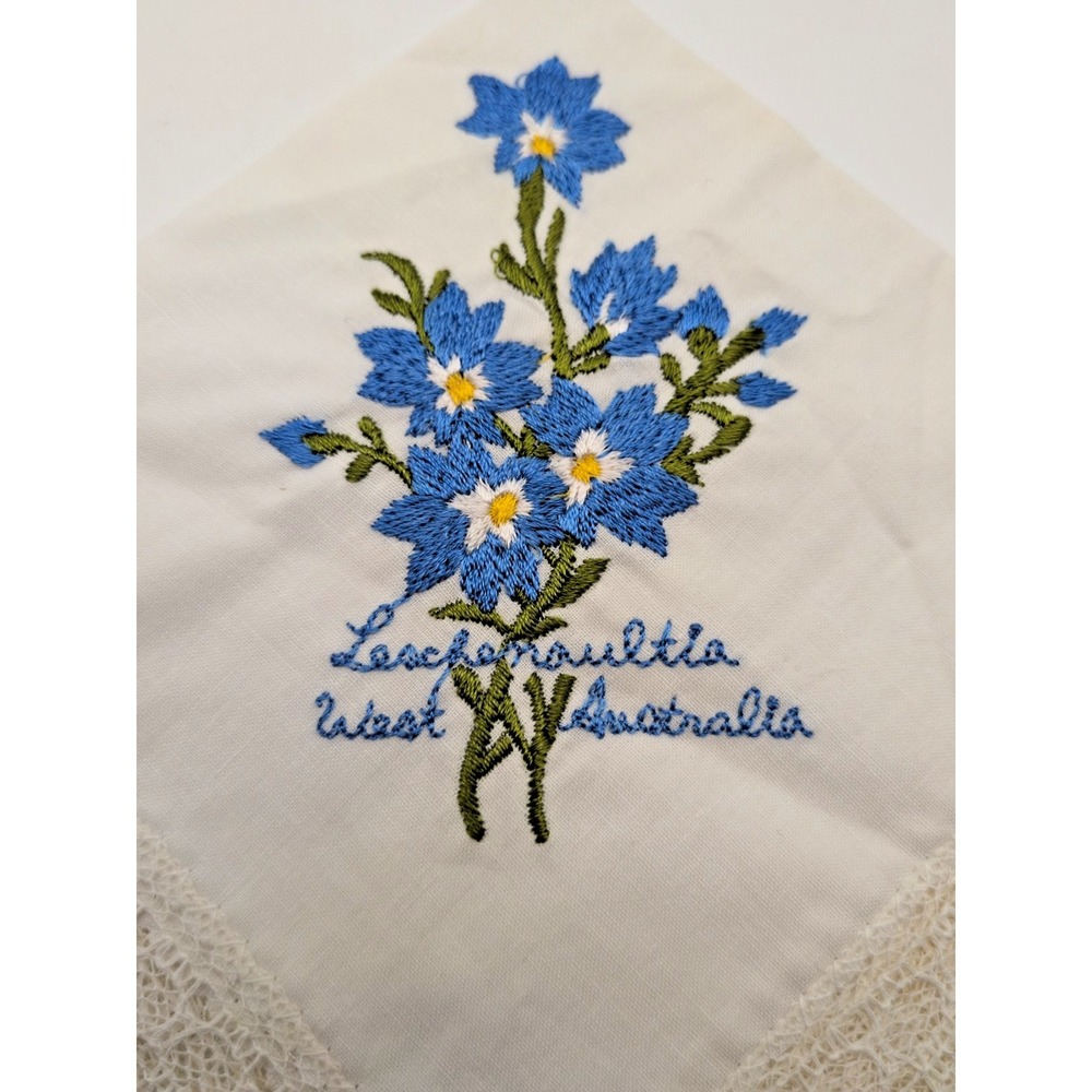 Vintage 1970s Australian Handkerchief Lechenaultia Blue Flower Lace Needlepoint